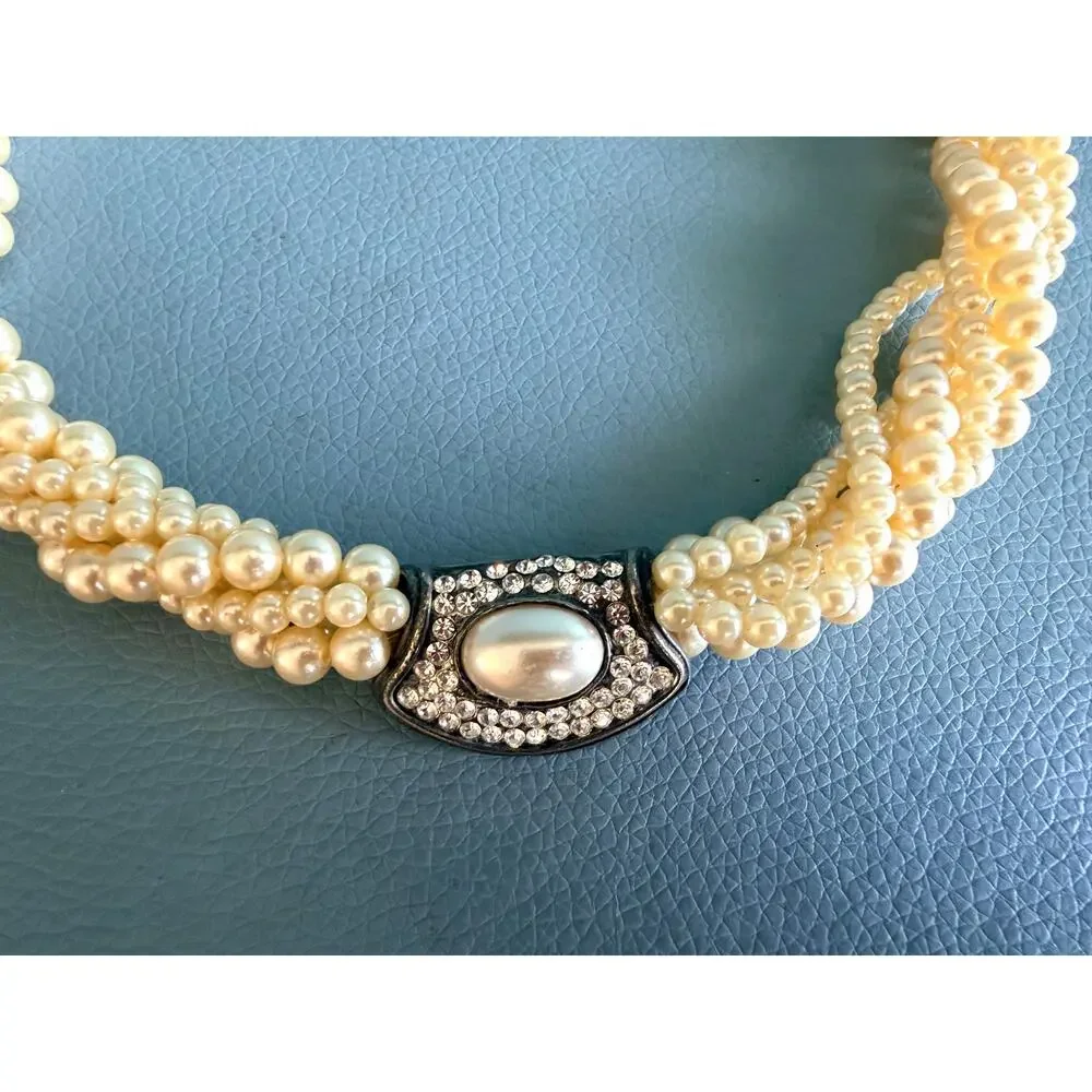 Vtg 1980s Multi Strand Faux Pearl Torsade Necklace Rhinestone Art Deco Choker